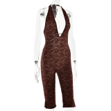 Women Sexy Lace-Up Halter Neck Lace Basic Backless Slit Jumpsuit