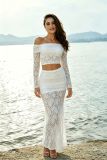 Women Off Shoulder Holiday Lace Hollow Out Tank Top and Fishtail Skirt Two-Piece Set