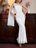 Women Summer Asymmetric One-Shoulder Mesh See-Through Ribbon Bodycon Maxi Dress