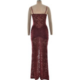 Women Summer Spaghetti Strap Off Shoulder Sexy See-Through Lace Slit Dress