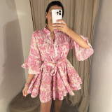 Women Summer V-Neck Printed Bell Bottom Sleeve Lace-Up Dress