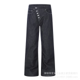 Women Asymmetric Placket Color Block Topstitching Denim Pants