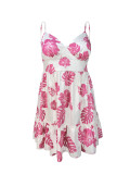 Plus Size Women Printed Strap Dress V-Neck Ruffle Smocked Dress
