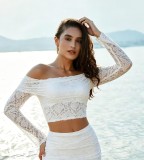 Women Off Shoulder Holiday Lace Hollow Out Tank Top and Fishtail Skirt Two-Piece Set