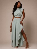 Women French Sleeveless High Neck Top Irregular Ruffle Wide Leg Pants Two-Piece Set