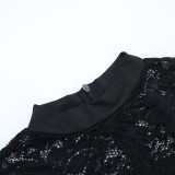 Women Lace See-Through Sexy Round Neck Long Sleeve Ribbon Bodycon Dress
