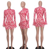 Women Sexy Mesh Printed Ruffle Cuff Dress
