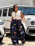 Women Cartoon Embroidery Denim Pants