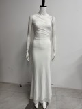 Women Summer Asymmetric One-Shoulder Mesh See-Through Ribbon Bodycon Maxi Dress