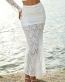Women Off Shoulder Holiday Lace Hollow Out Tank Top and Fishtail Skirt Two-Piece Set