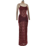 Women Summer Spaghetti Strap Off Shoulder Sexy See-Through Lace Slit Dress