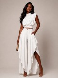 Women French Sleeveless High Neck Top Irregular Ruffle Wide Leg Pants Two-Piece Set