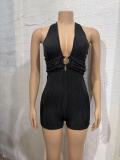 Women Holiday Ribbed Halter Neck V Neck Pleated Bodysuit