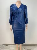 Plus Size Women Pu-Leather Long Sleeve Top and Skirt Two-Piece Set