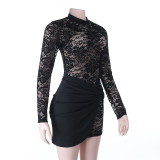 Women Lace See-Through Sexy Round Neck Long Sleeve Ribbon Bodycon Dress