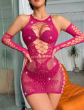 Women Sexy Arm Sleeve One-Piece Mesh Beaded Lingerie
