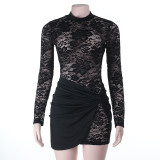 Women Lace See-Through Sexy Round Neck Long Sleeve Ribbon Bodycon Dress
