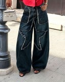 Women Frayed Edge Star Washed Denim Pants
