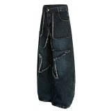 Women Frayed Edge Star Washed Denim Pants