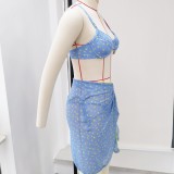 Women Strapless Bikini Lace-Up Printed Swimsuit Two-Piece Set