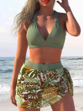 Women Halter Neck Lace-Up Skirt Pants Sexy Bikini Printed Two-Piece Swimsuit