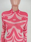 Women Sexy Mesh Printed Ruffle Cuff Dress