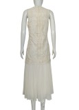 Women Summer French Jacquard Embroidery Faux Two-Piece Sleeveless Pleated Dress