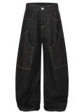 Women Color Block Topstitching Cargo Denim Pants