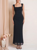 Women Summer Spaghetti Strap Off Shoulder Mesh Fishbone Maxi Dress
