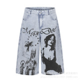Women Graffiti Printed Denim Capri Pants