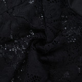 Women Lace See-Through Sexy Round Neck Long Sleeve Ribbon Bodycon Dress