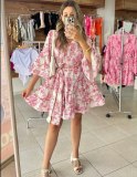 Women Summer V-Neck Printed Bell Bottom Sleeve Lace-Up Dress