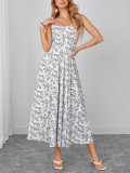 Women Printed Holiday Backless Lace-Up Floral Maxi Strap Dress