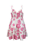 Plus Size Women Printed Strap Dress V-Neck Ruffle Smocked Dress