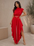 Women French Sleeveless High Neck Top Irregular Ruffle Wide Leg Pants Two-Piece Set