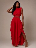 Women French Sleeveless High Neck Top Irregular Ruffle Wide Leg Pants Two-Piece Set