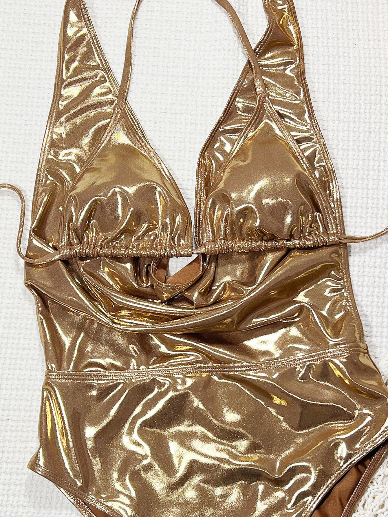 Gold Lace-Up One-Piece Swimsuit for Beachwear