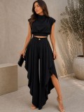 Women French Sleeveless High Neck Top Irregular Ruffle Wide Leg Pants Two-Piece Set