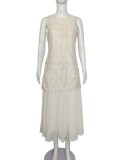Women Summer French Jacquard Embroidery Faux Two-Piece Sleeveless Pleated Dress