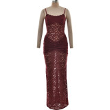 Women Summer Spaghetti Strap Off Shoulder Sexy See-Through Lace Slit Dress