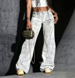 Women Punk Wing Applique Embroidery Denim Pants