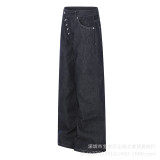 Women Asymmetric Placket Color Block Topstitching Denim Pants