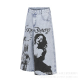 Women Graffiti Printed Denim Capri Pants