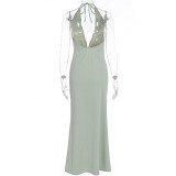 Women Halter Neck V Neck Backless Maxi Dress