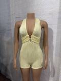 Women Holiday Ribbed Halter Neck V Neck Pleated Bodysuit