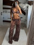 Women Sexy Leopard Print Bikini Beach Holiday Wide Leg Pants Three-Piece Set