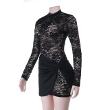 Women Lace See-Through Sexy Round Neck Long Sleeve Ribbon Bodycon Dress