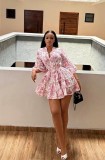 Women Summer V-Neck Printed Bell Bottom Sleeve Lace-Up Dress