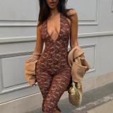 Women Sexy Lace-Up Halter Neck Lace Basic Backless Slit Jumpsuit