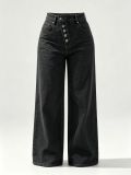 Women Asymmetric Placket Color Block Topstitching Denim Pants